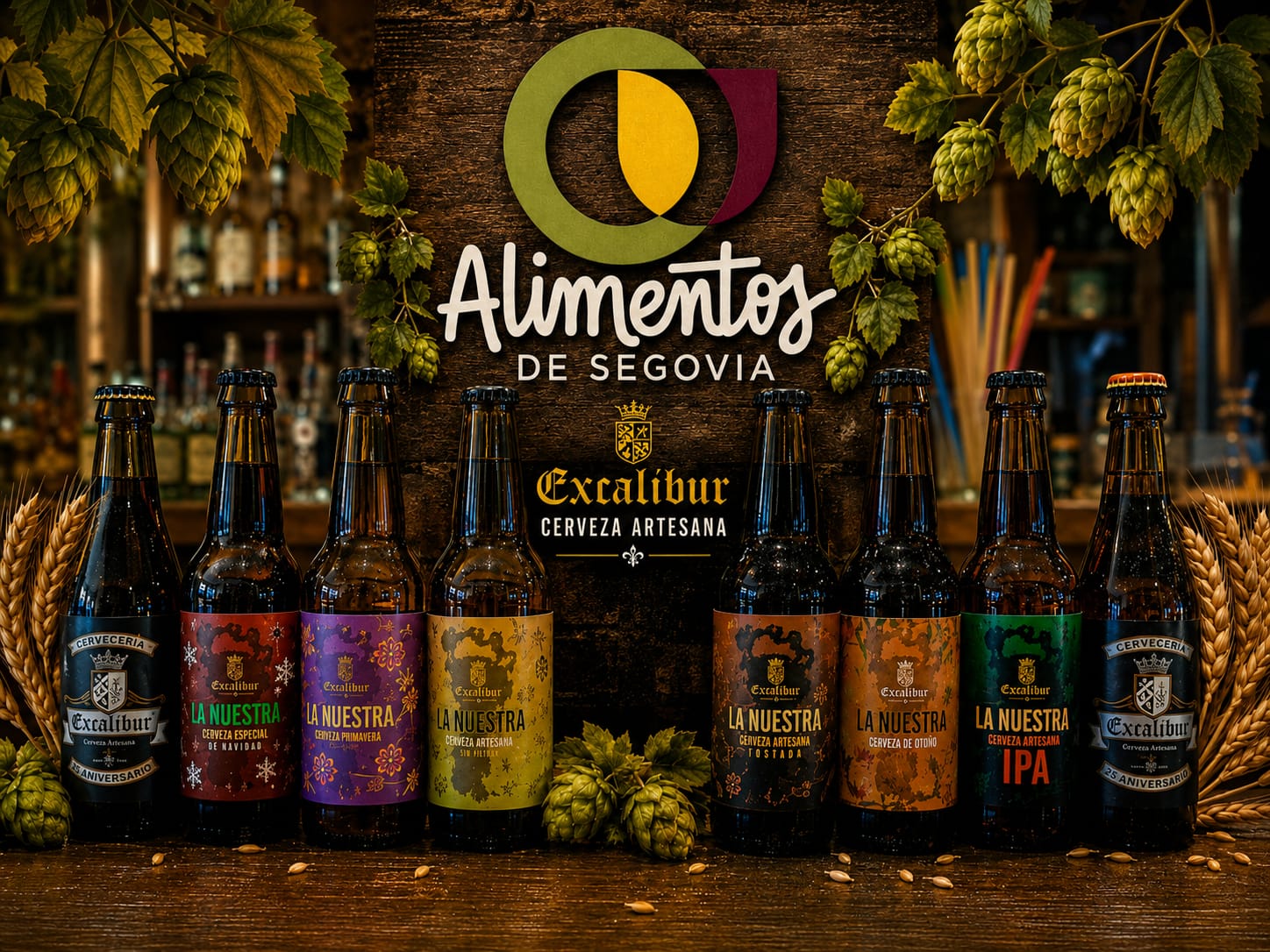 Gama completa de cervezas La Nuestra de Excalibur, con el sello Alimentos de Segovia
